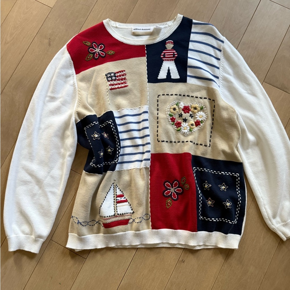 Alfred Dunner Red White and Blue  American Patchwork Crewneck Sweater